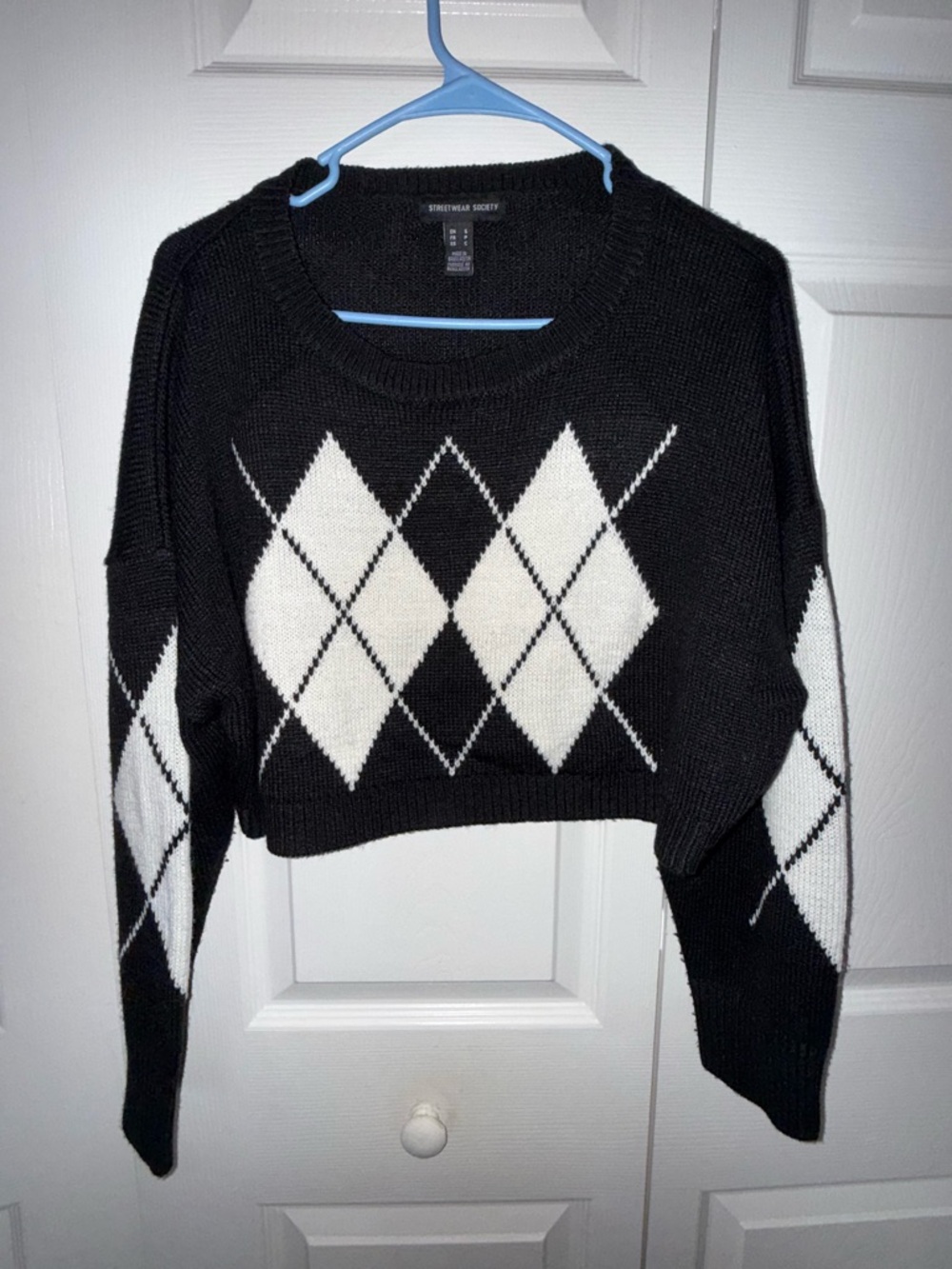 Streetwear Society Black & White Argyle Cropped Crew Sweater